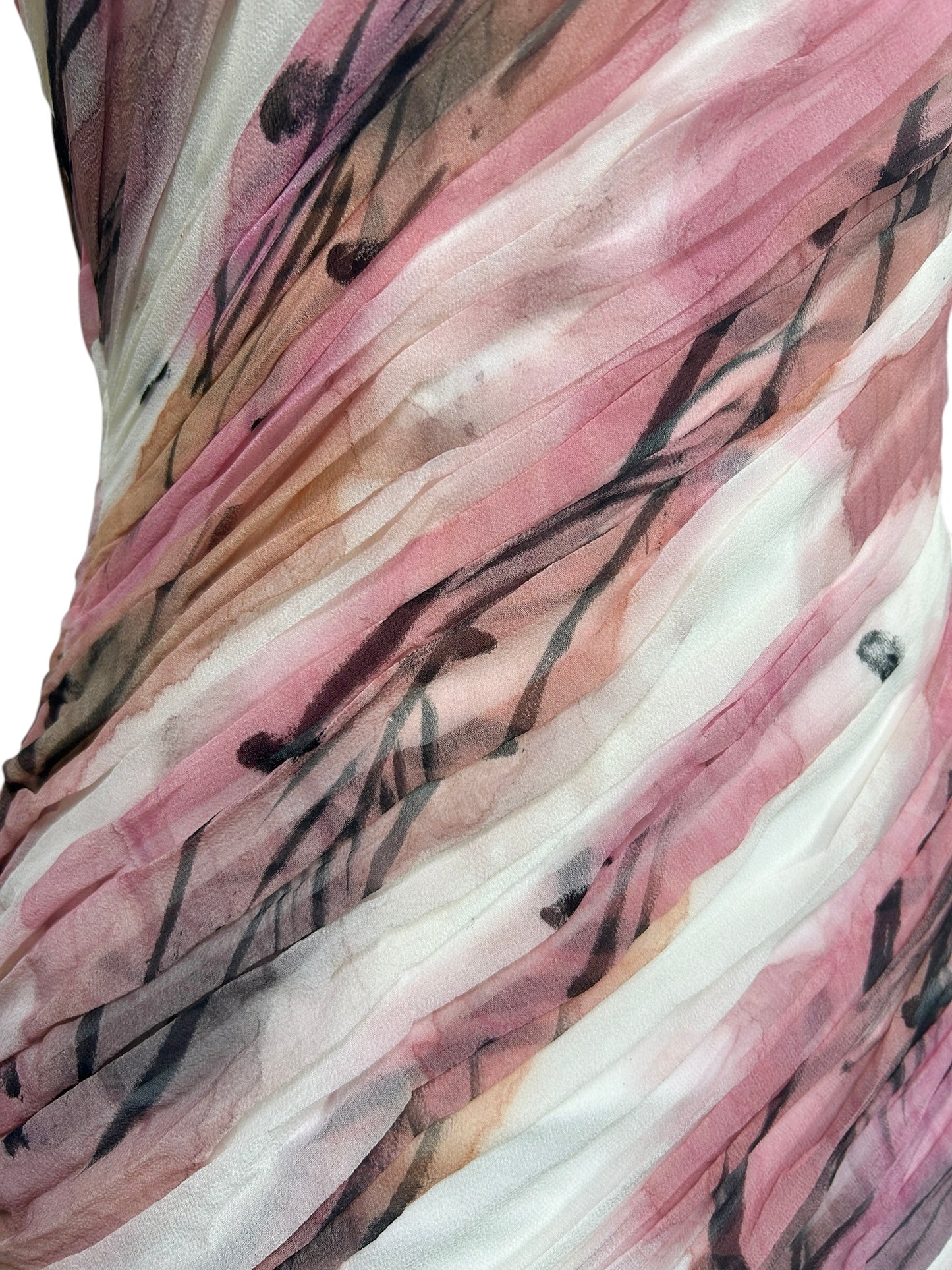 Deadstock Mandalay Hand-Painted Silk Chiffon Ruched Mini Dress – Y2K Pink Abstract Print Beaded Cocktail Dress Size 6