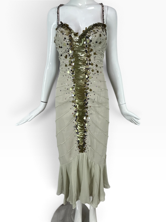 Deadstock Mandalay Sage Green Silk Chiffon Sequin Racerback Dress – Size 8