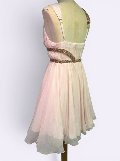 Mandalay Deadstock Silk Chiffon Ballet Pink Beaded Grecian Cocktail Dress Size 4