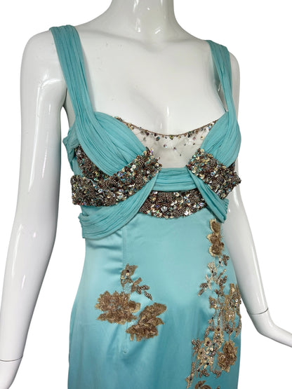 Mandalay Aqua Silk Chiffon Beaded Evening Dress – Deadstock Y2K Embroidered Gown | Size 6    AS-IS