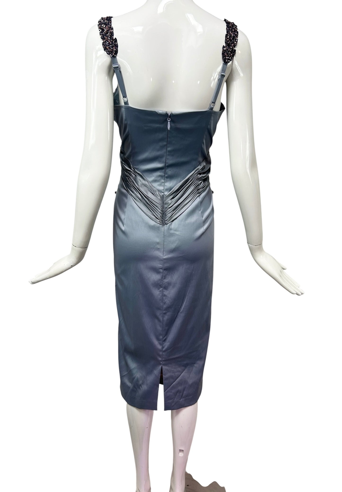 Mandalay Silver Blue Ruched Satin Cocktail Dress – Deadstock Y2K Beaded Wiggle Dress | Size 10