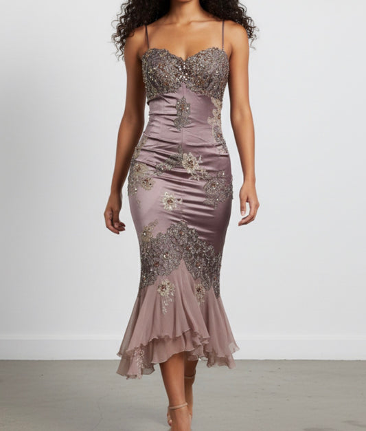 Deadstock Mandalay Lavender Stretch Satin Beaded Mermaid Dress – Y2K Silk Chiffon Embroidered Cocktail Evening Gown Size 6