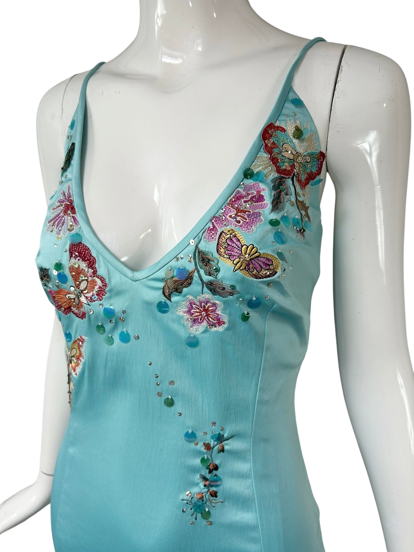 Mandalay Aqua Silk Butterfly Embroidered Dress – Deadstock Y2K Beaded Slip Dress | Size 8