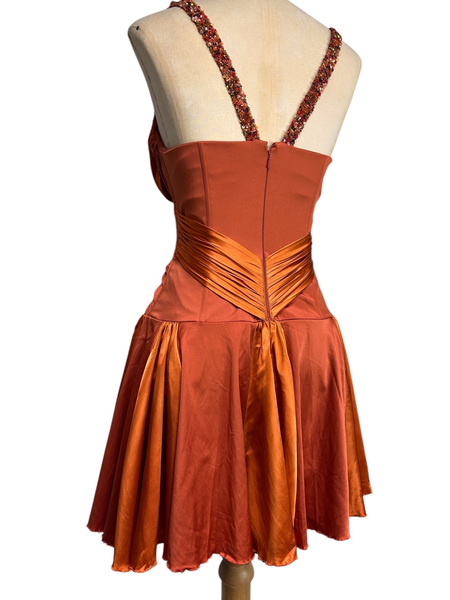 Deadstock Mandalay Burnt Copper Silk Satin Beaded Strap Dress — Size 6