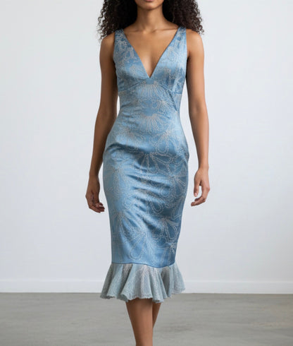 Deadstock Mandalay Sky Blue Satin Embroidered Mermaid Dress – Y2K Silver Embroidery Silk Chiffon Hem Cocktail Dress Size 6