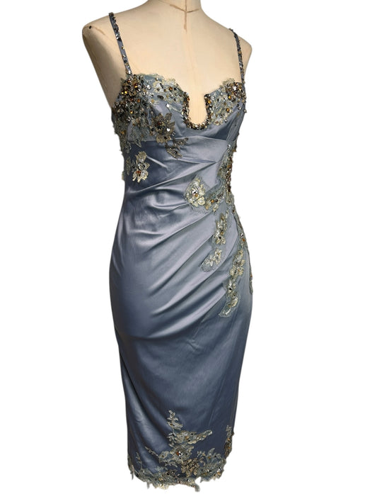 Deadstock Mandalay French Blue Wrap Stretch Satin Beaded Embroidered Dress — Size 6