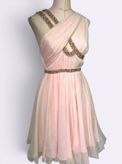 Mandalay Deadstock Silk Chiffon Ballet Pink Beaded Grecian Cocktail Dress Size 4