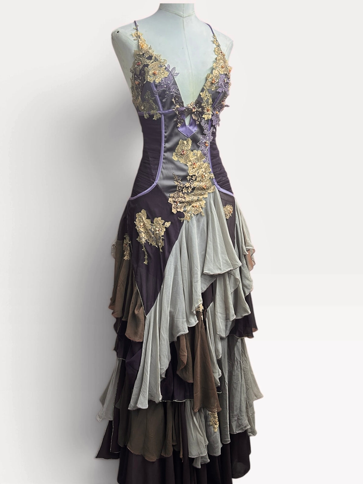 Mandalay Long Layered Silk Gown with Lace and Beaded Details Brown and Lavender size 12
