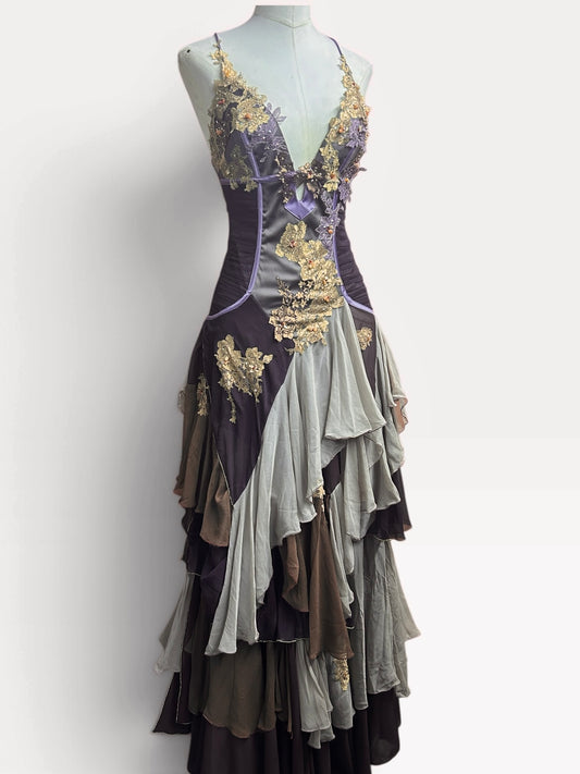 Mandalay Long Layered Silk Gown with Lace and Beaded Details Brown and Lavender size 10