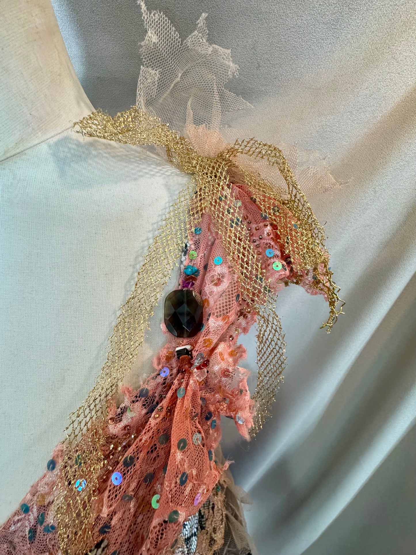 Y2K Deadstock Mandalay Sequin & Lace Top – Snake Print, Fairy Scarf Mesh Hem, Size 12