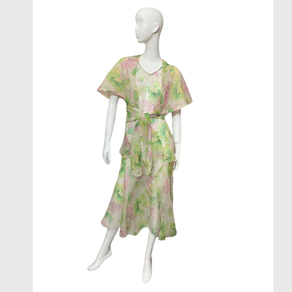 30’s Pink & Green Floral Print Silk Crepe Dress with Matching Capelet and Belt