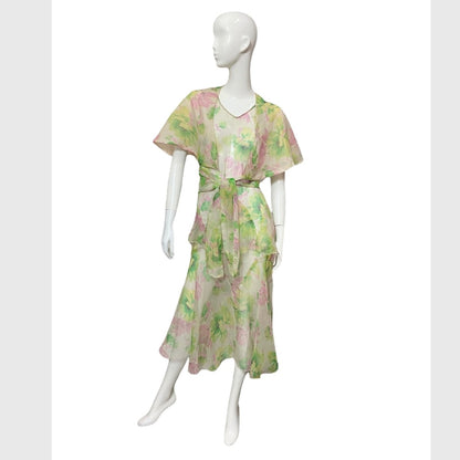 30’s Pink & Green Floral Print Silk Crepe Dress with Matching Capelet and Belt