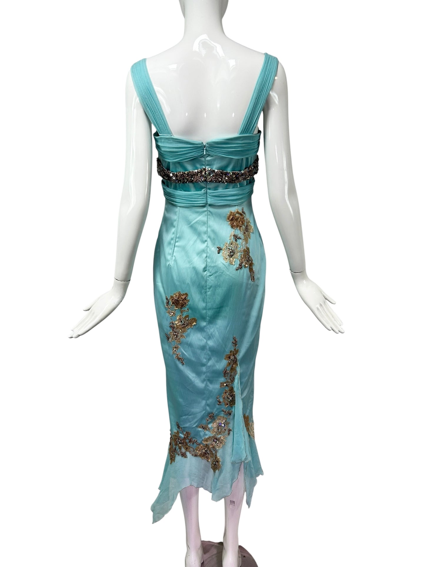 Mandalay Aqua Silk Chiffon Beaded Evening Dress – Deadstock Y2K Embroidered Gown | Size 6    AS-IS