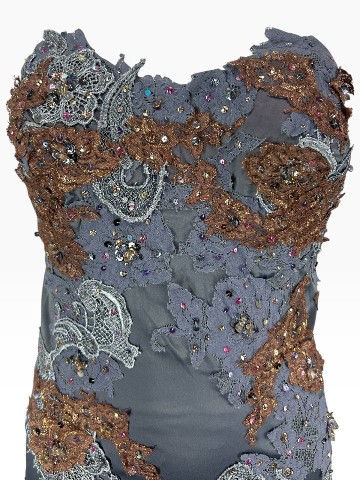 Mandalay Silver Gray Strapless Dress with Brown & Silver Lace Appliqué – Size 6