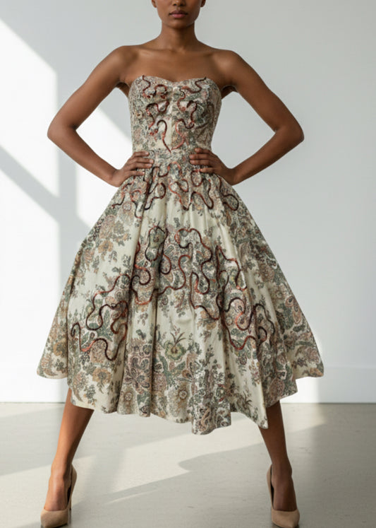 1950s strapless paisley print sequined dress