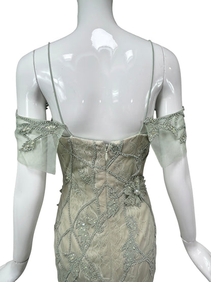 Mandalay Celadon Lace Beaded Cocktail Dress – Deadstock Y2K Off-the-Shoulder Dress | Size 6