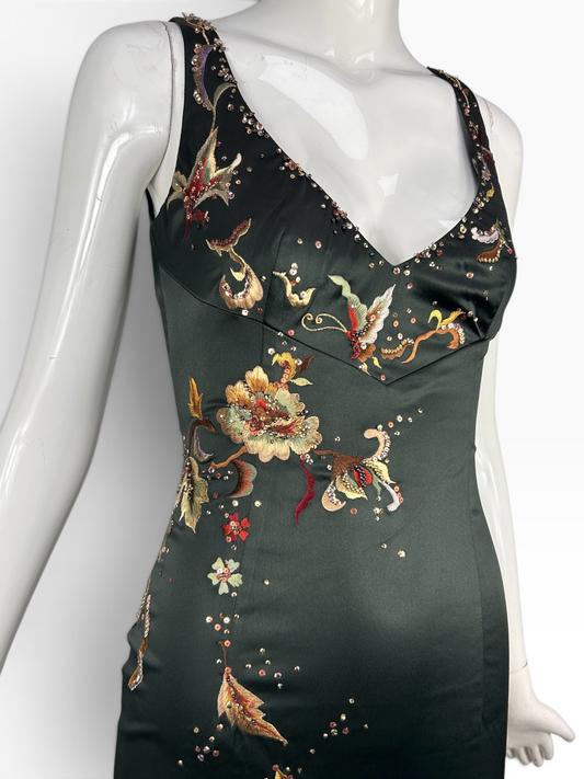 Vintage Mandalay Dress – Darkest Green Satin Embroidered Butterfly Cocktail Dress, Size 4, Deadstock