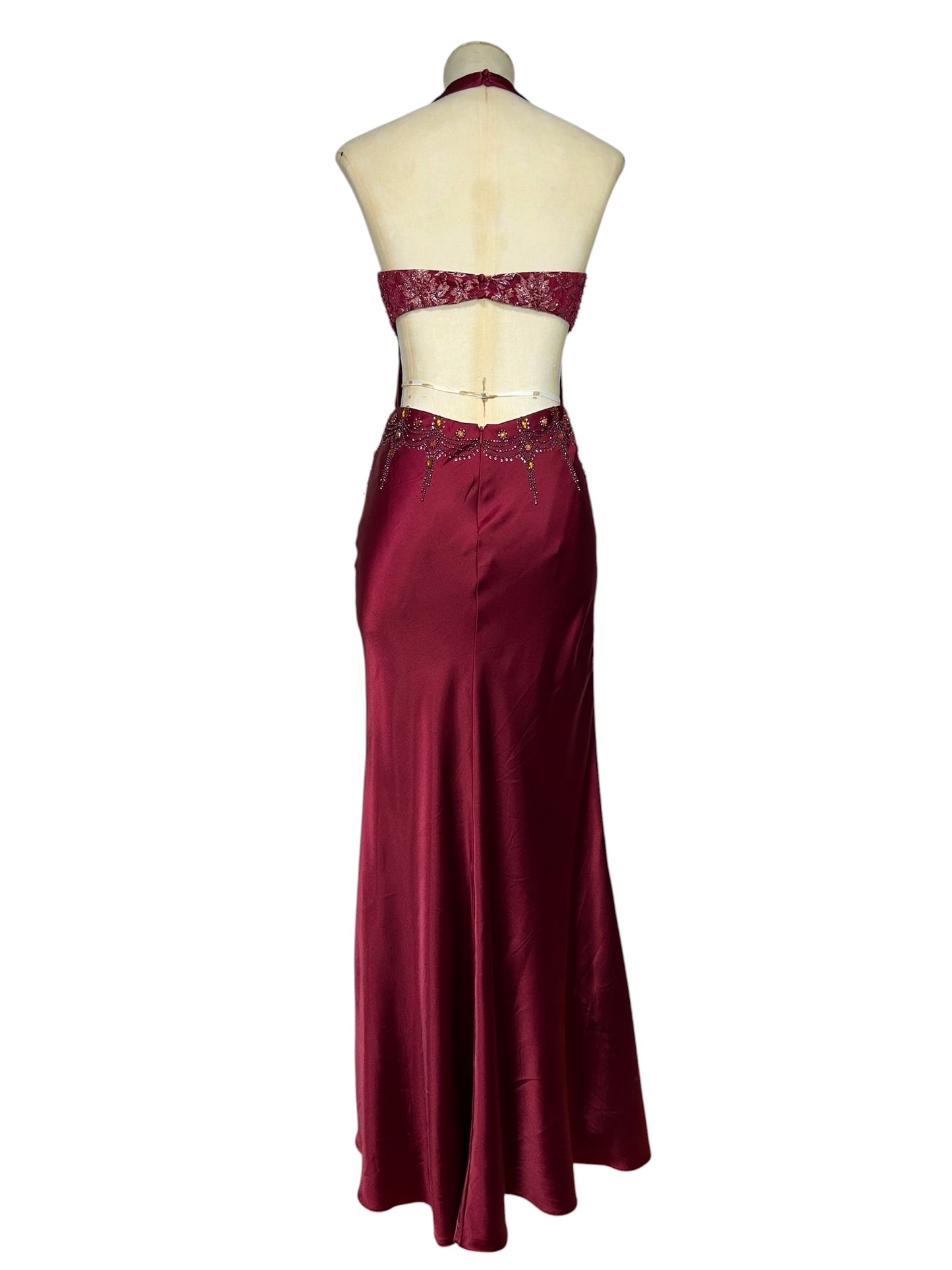 Deadstock Mandalay Burgundy Satin Cutout Halter Gown – Size 2