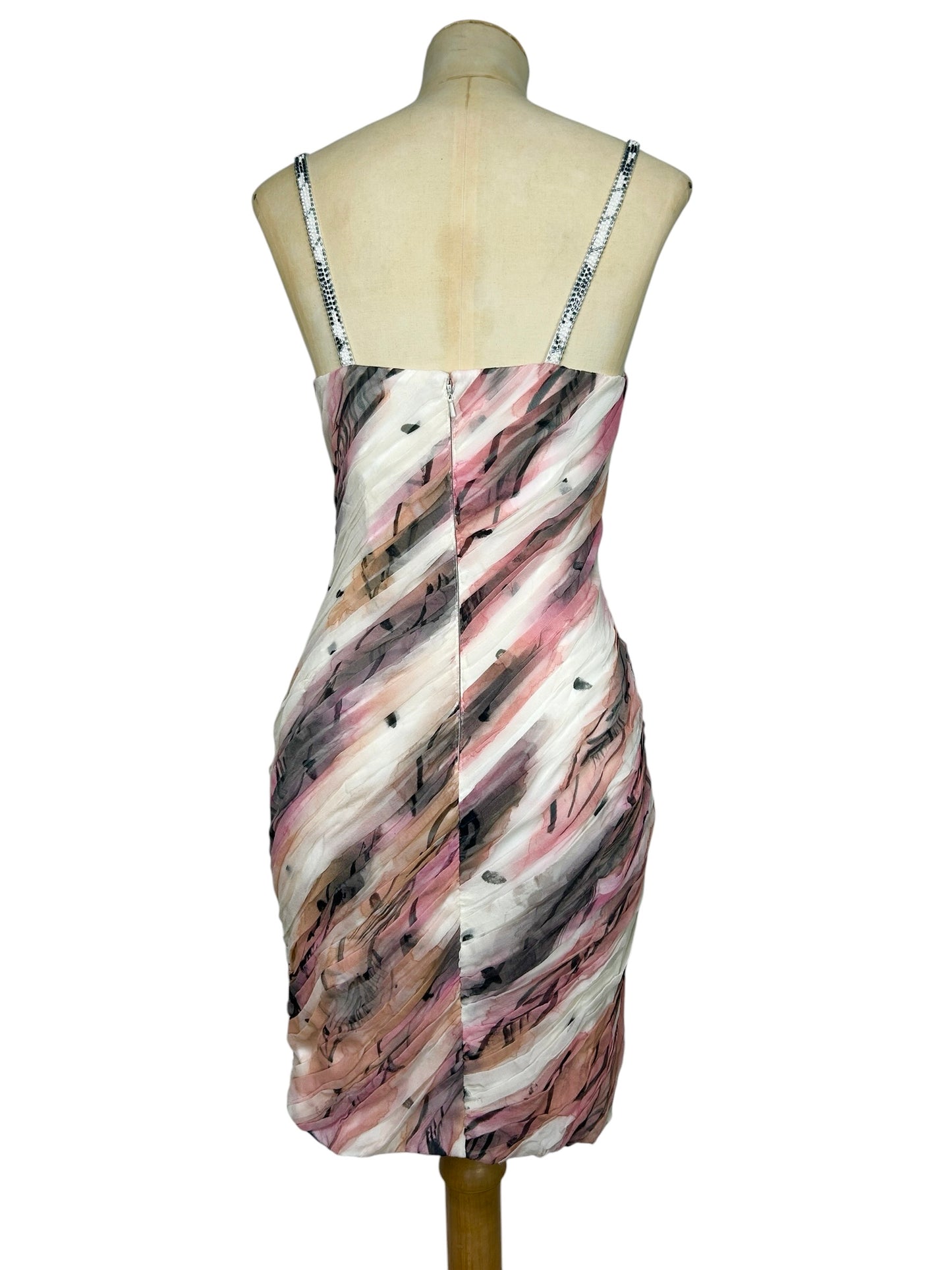 Deadstock Mandalay Hand-Painted Silk Chiffon Ruched Mini Dress – Y2K Pink Abstract Print Beaded Cocktail Dress Size 6