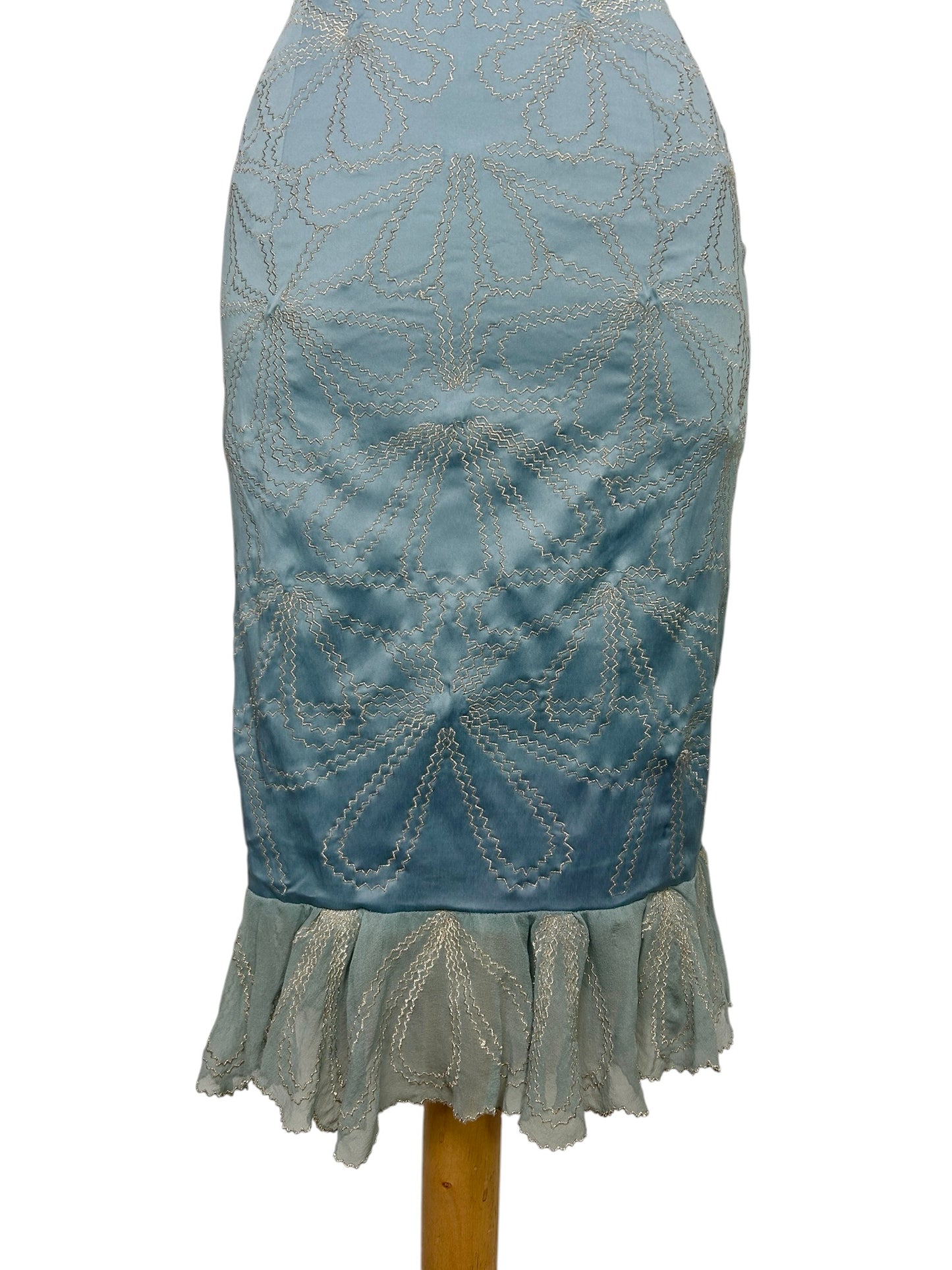 Deadstock Mandalay Sky Blue Satin Embroidered Mermaid Dress – Y2K Silver Embroidery Silk Chiffon Hem Cocktail Dress Size 6