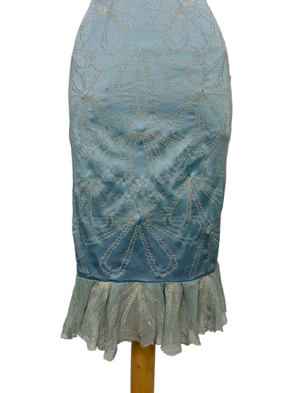 Deadstock Mandalay Sky Blue Satin Embroidered Mermaid Dress – Y2K Silver Embroidery Silk Chiffon Hem Cocktail Dress Size 6