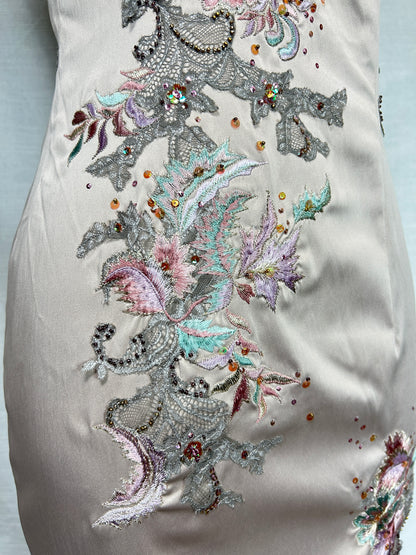 Deadstock Mandalay Silver Lilac Embroidered Satin Stretch Slip Dress – Size 8