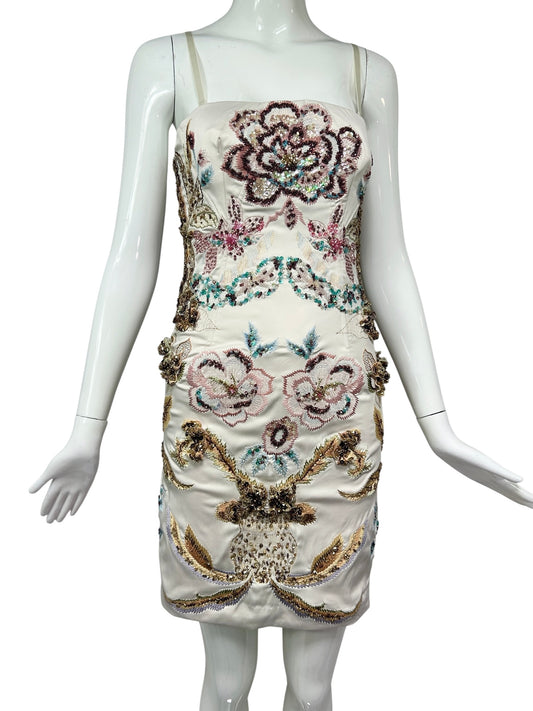 Mandalay Deadstock Embellished Silk Satin Cocktail Dress | Beaded Floral Y2K Mini | Size 2