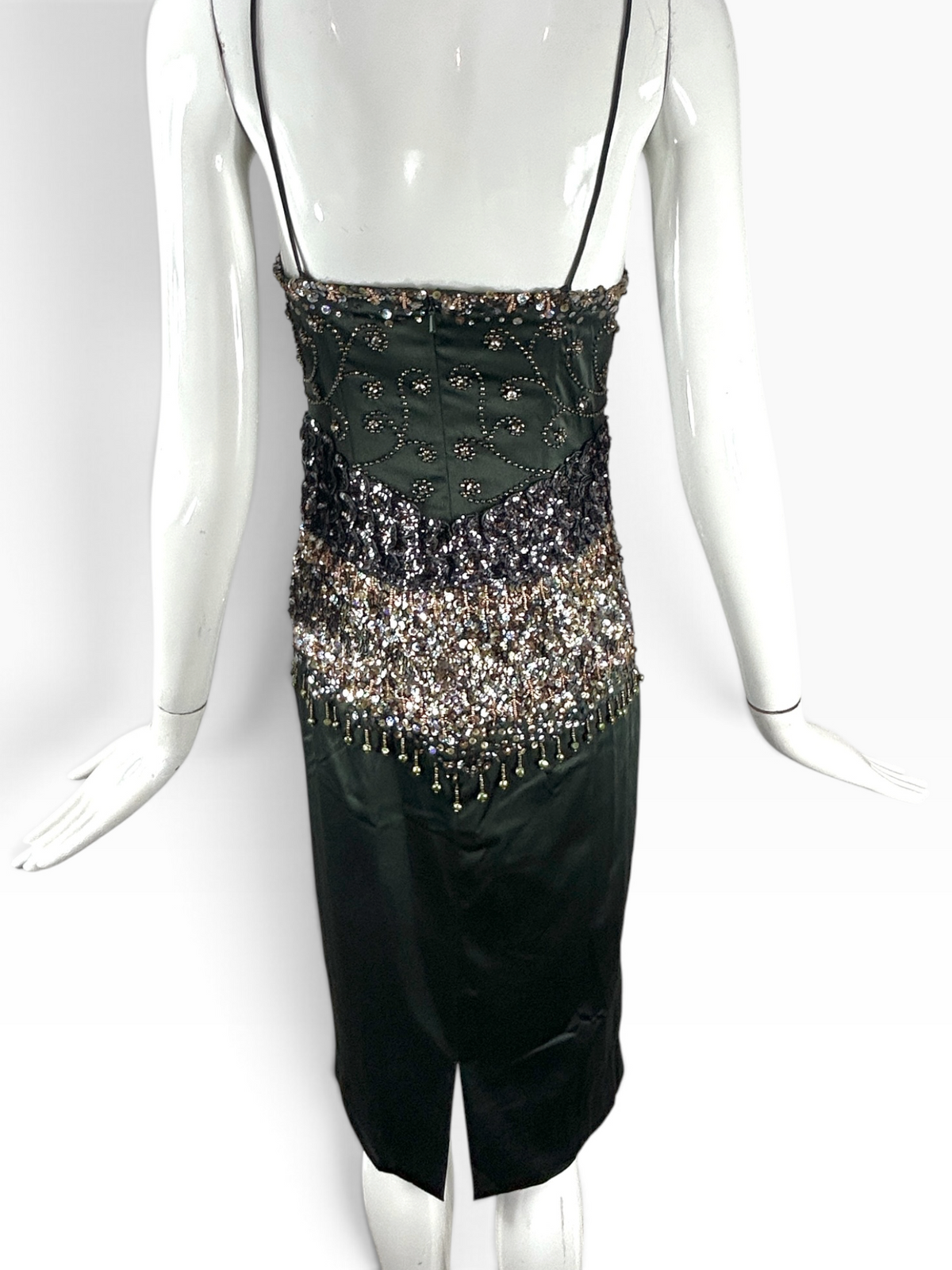 Deadstock Mandalay Dark Green Pearl, Rhinestone & Sequin Dress – Size 8