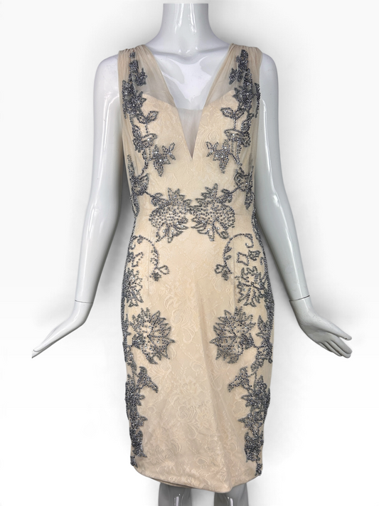 Vintage Mandalay Dress – Champagne Beaded Mesh & Lace Cocktail Dress, Size 6