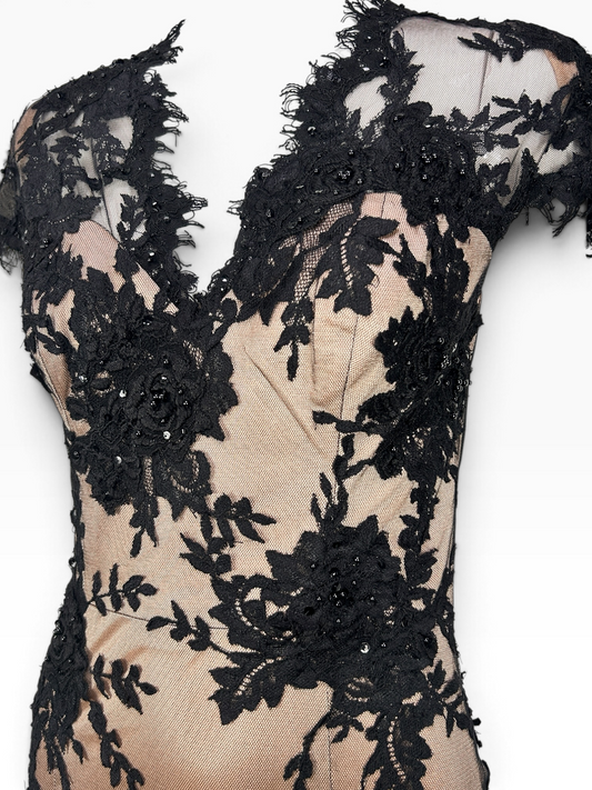 Vintage Mandalay Dress – Black Floral Lace Illusion Cocktail Dress, Size 4
