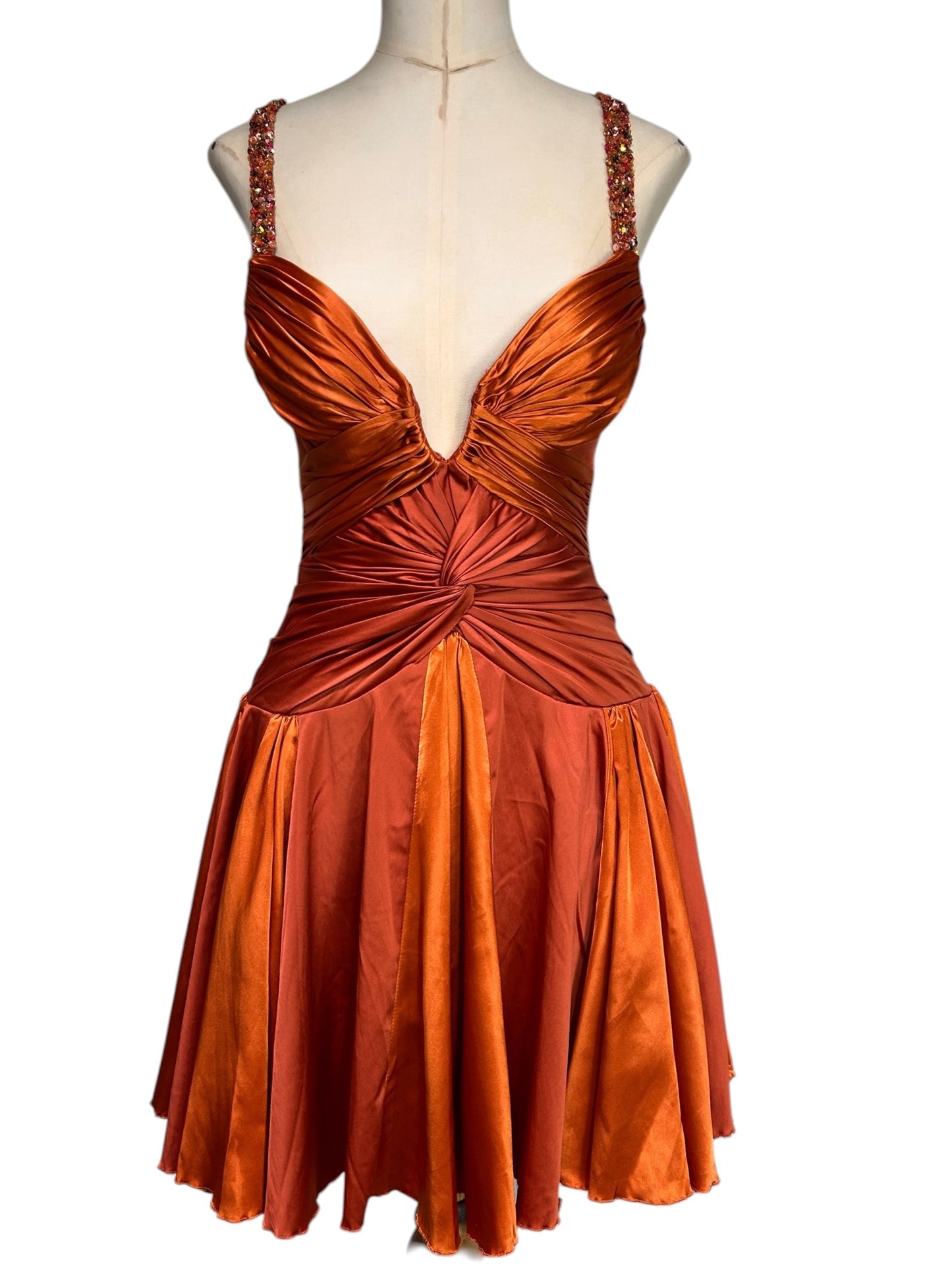 Deadstock Mandalay Burnt Copper Silk Satin Beaded Strap Dress — Size 6