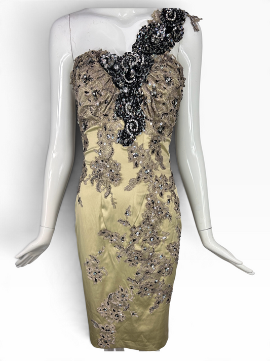 Vintage Mandalay Dress – Beaded Lace One-Shoulder Cocktail Dress, Size 4, Deadstock
