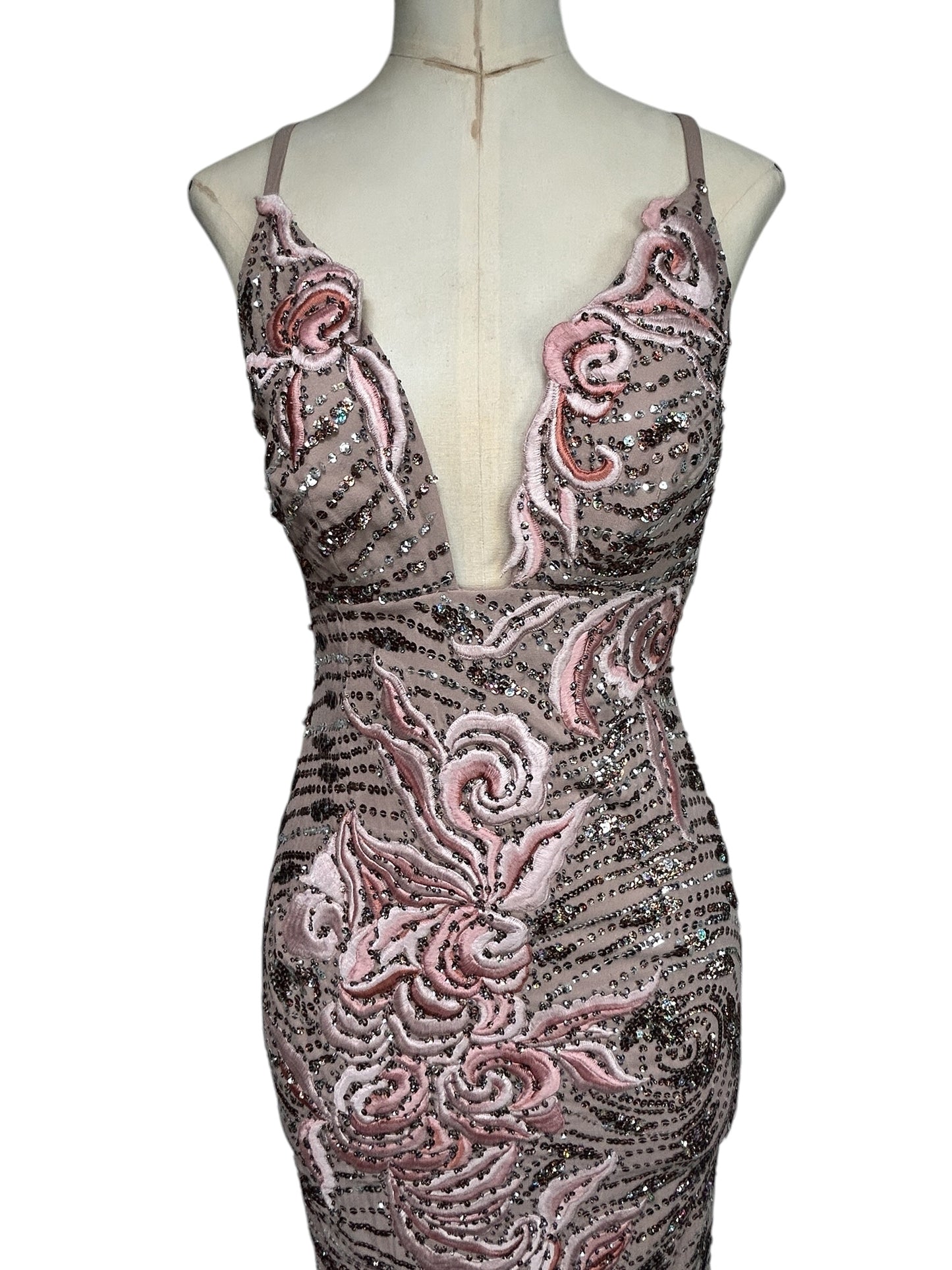 Deadstock Mandalay Blush Taupe Embroidered Sequin Dress — Size 6