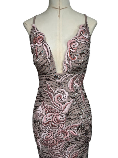 Deadstock Mandalay Blush Taupe Embroidered Sequin Dress — Size 6