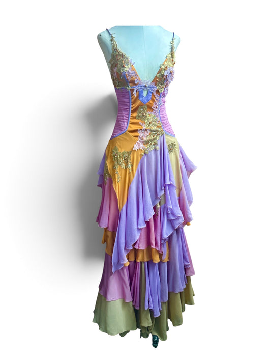 Mandalay Long Layered Silk Gown with Lace and Beaded Details – Sunset Lavender, Rose & Gold sizes 4-6-8-10 Addison Rae
