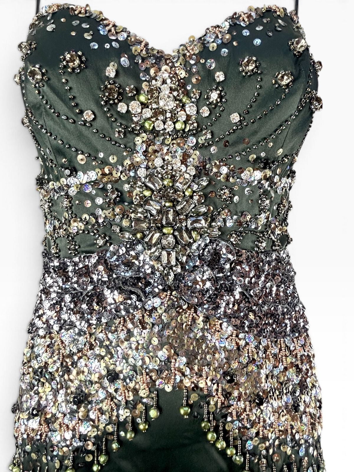 Deadstock Mandalay Dark Green Pearl, Rhinestone & Sequin Dress – Size 8