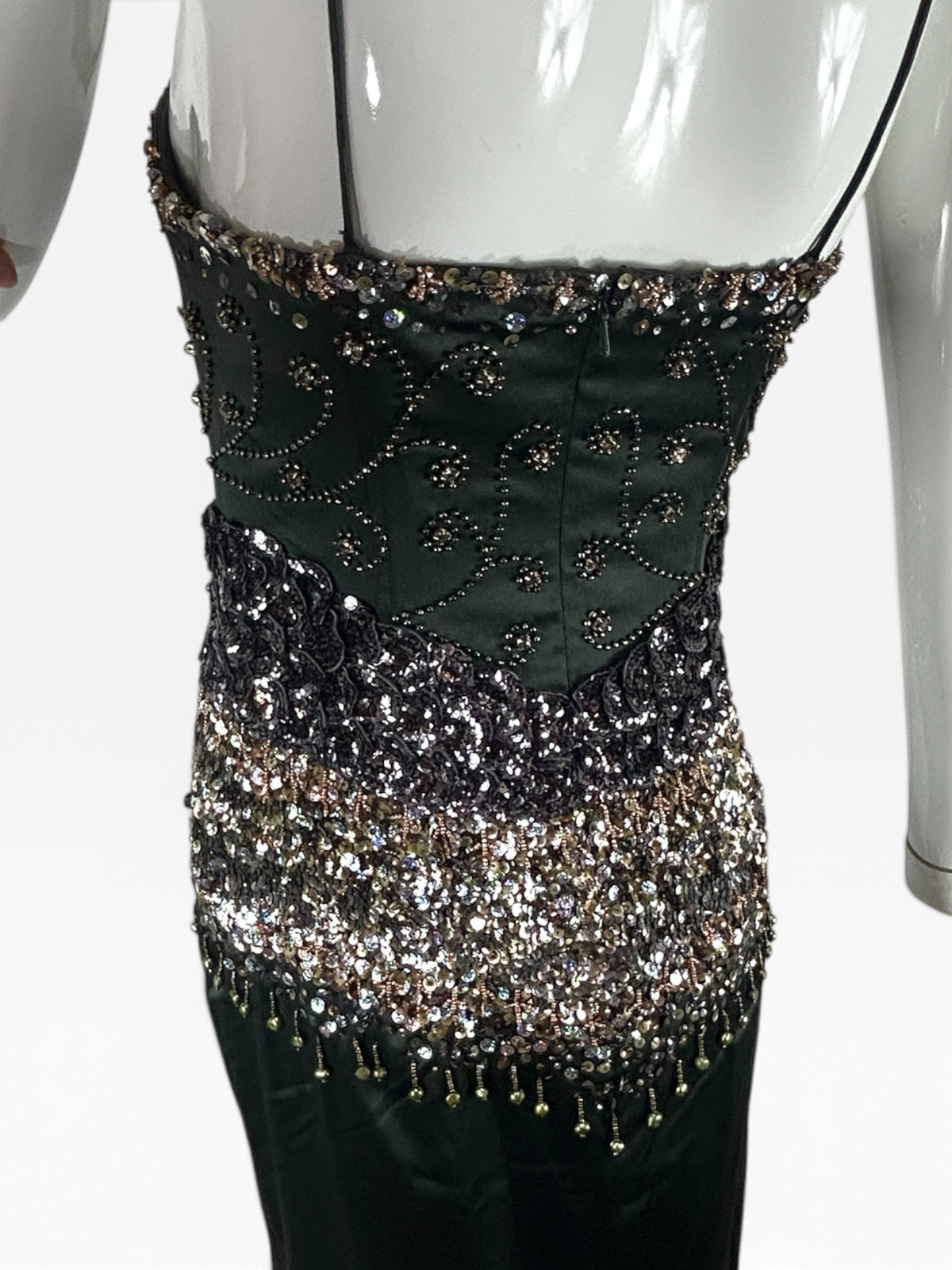 Deadstock Mandalay Dark Green Pearl, Rhinestone & Sequin Dress – Size 8