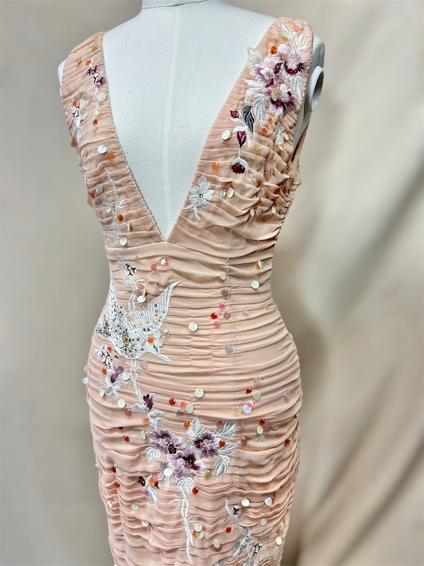 Ruched embroidered blush silk Mandalay dress size 6