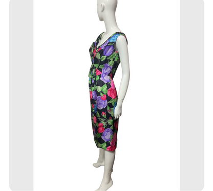 60’s Helga for I. Magnin Vivid Floral Print Cocktail Dress with Stylized Bow Detail 27” Waist