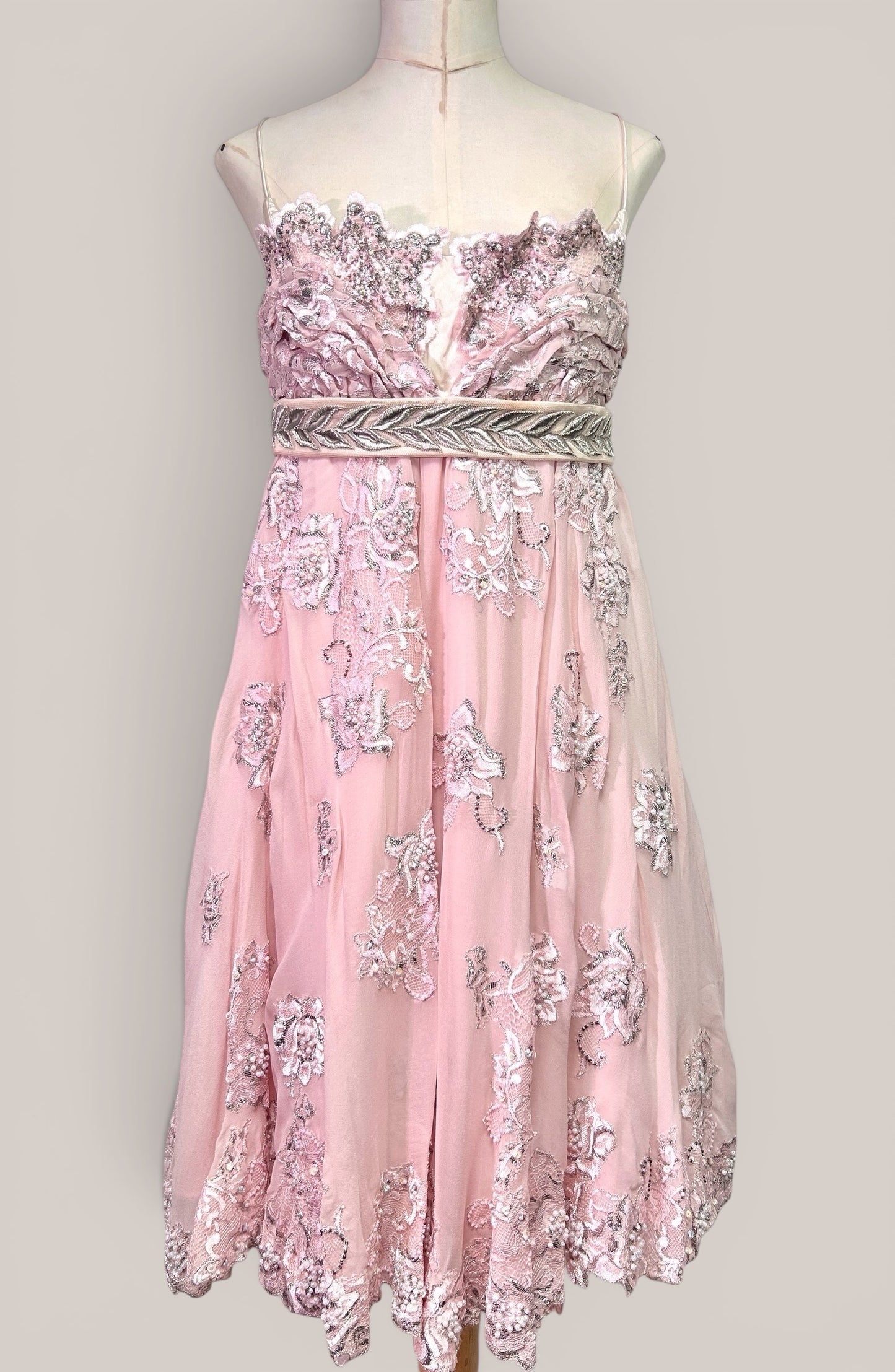 Mandalay Deadstock Silk Chiffon Princess Dress in Blush Pink | Beaded Empire Waist | Size 10