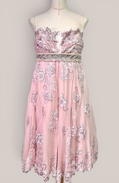 Mandalay Deadstock Silk Chiffon Princess Dress in Blush Pink | Beaded Empire Waist | Size 10