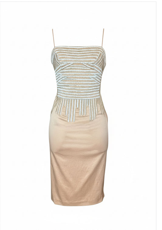 Y2K Deadstock Mandalay Dress – Blush Pink Metallic Embroidered Bodycon size 6