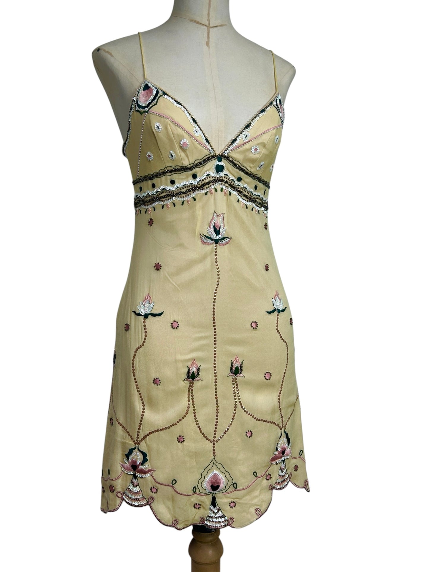 Deadstock Mandalay Butter Yellow Silk Chiffon Beaded Mini Dress with Pink Embroidery – Size 6