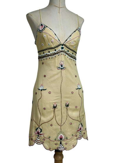 Deadstock Mandalay Butter Yellow Silk Chiffon Beaded Mini Dress with Pink Embroidery – Size 6