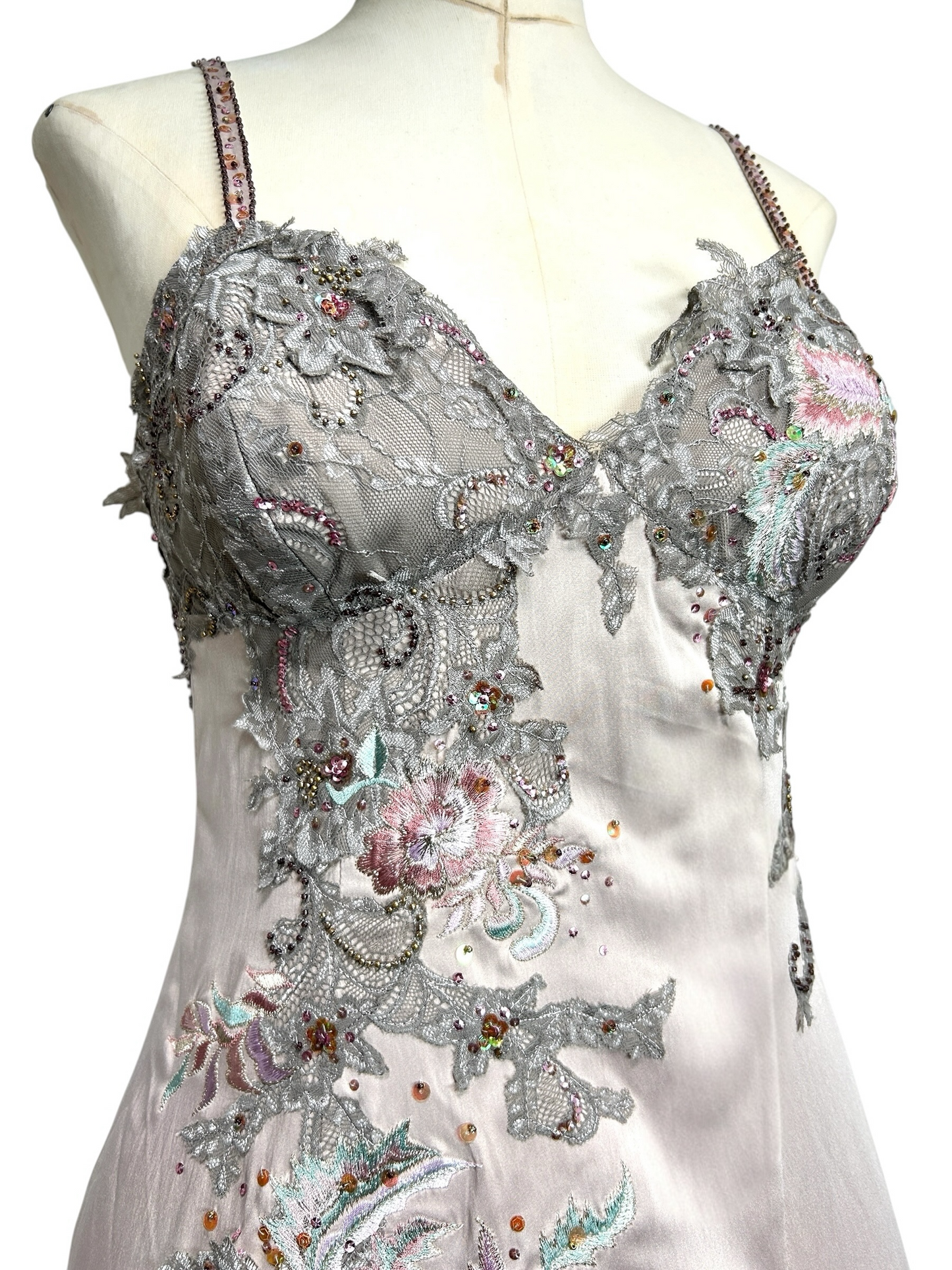 Deadstock Mandalay Silver Lilac Embroidered Satin Stretch Slip Dress – Size 8