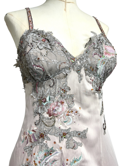 Deadstock Mandalay Silver Lilac Embroidered Satin Stretch Slip Dress – Size 8