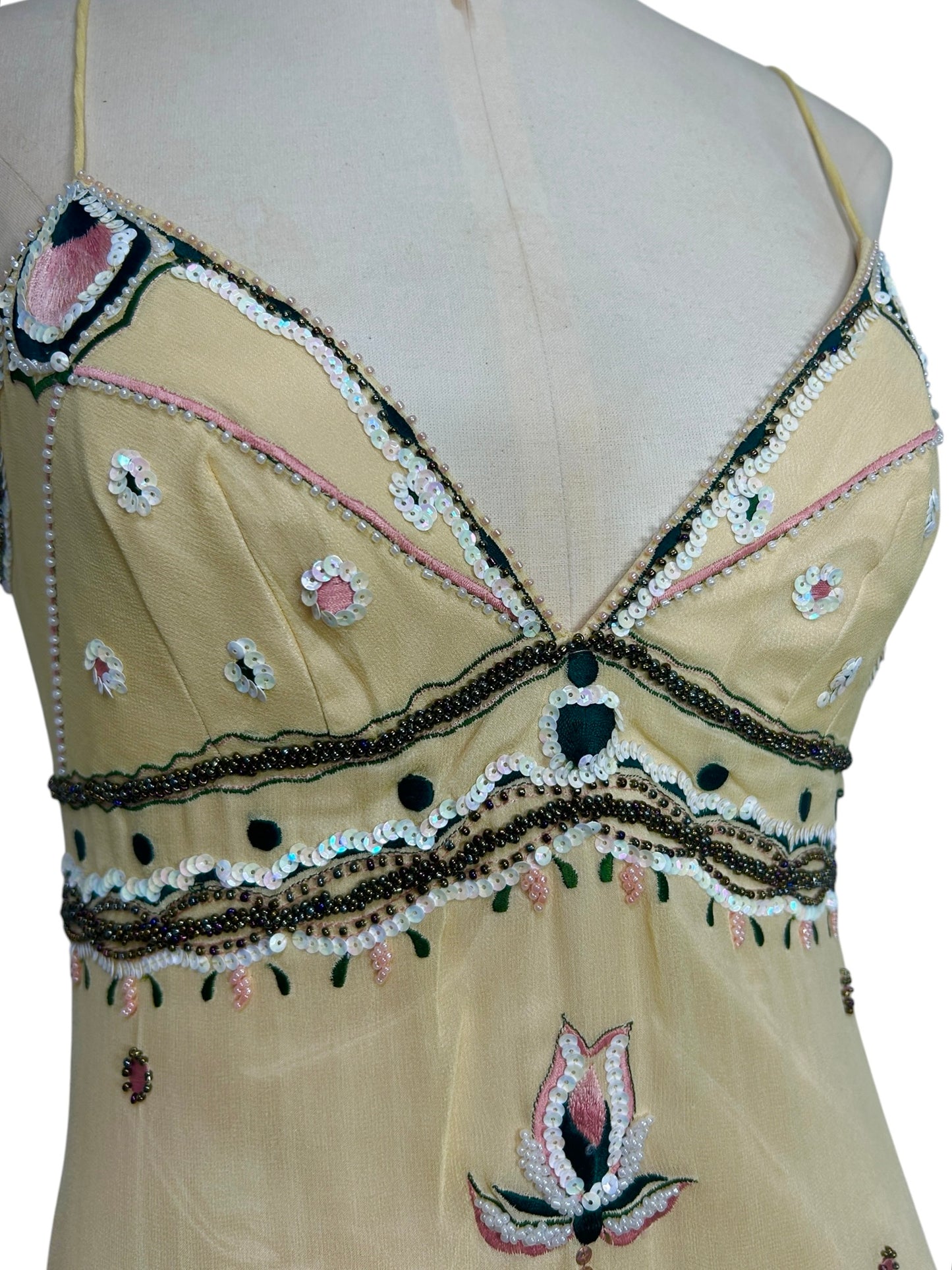 Deadstock Mandalay Butter Yellow Silk Chiffon Beaded Mini Dress with Pink Embroidery – Size 6