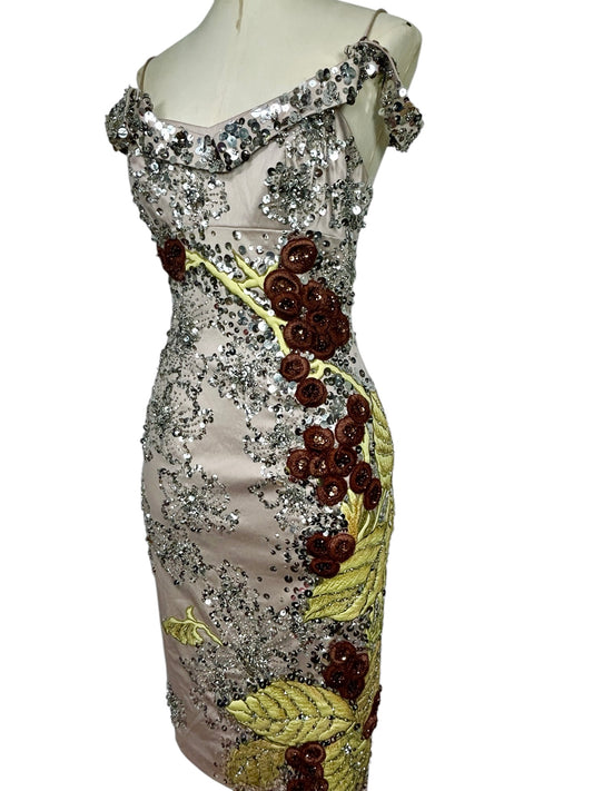Extraordinary One-of-a-Kind Deadstock Mandalay 1940s Inspired Sequin Embroidered Cocktail Dress – Glamorous Y2K Designer Evening Wiggle Dress Size 6