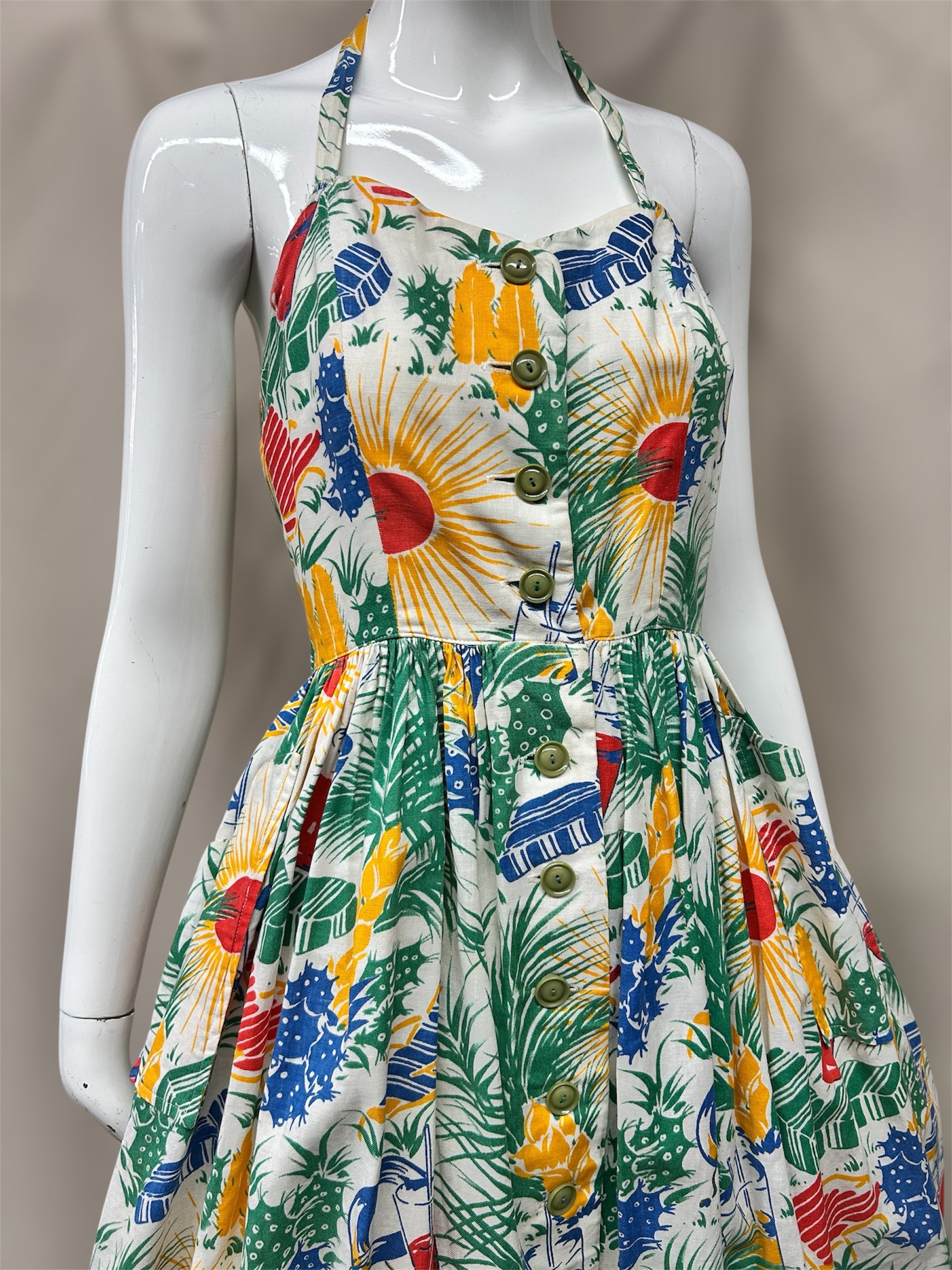 1940sEarly 1950s Tropical Print Linen Halter Dress Cannonball and Tilly 1940sEarly 1950s Tropical Print Linen Halter Dress Cannonball and Tilly
