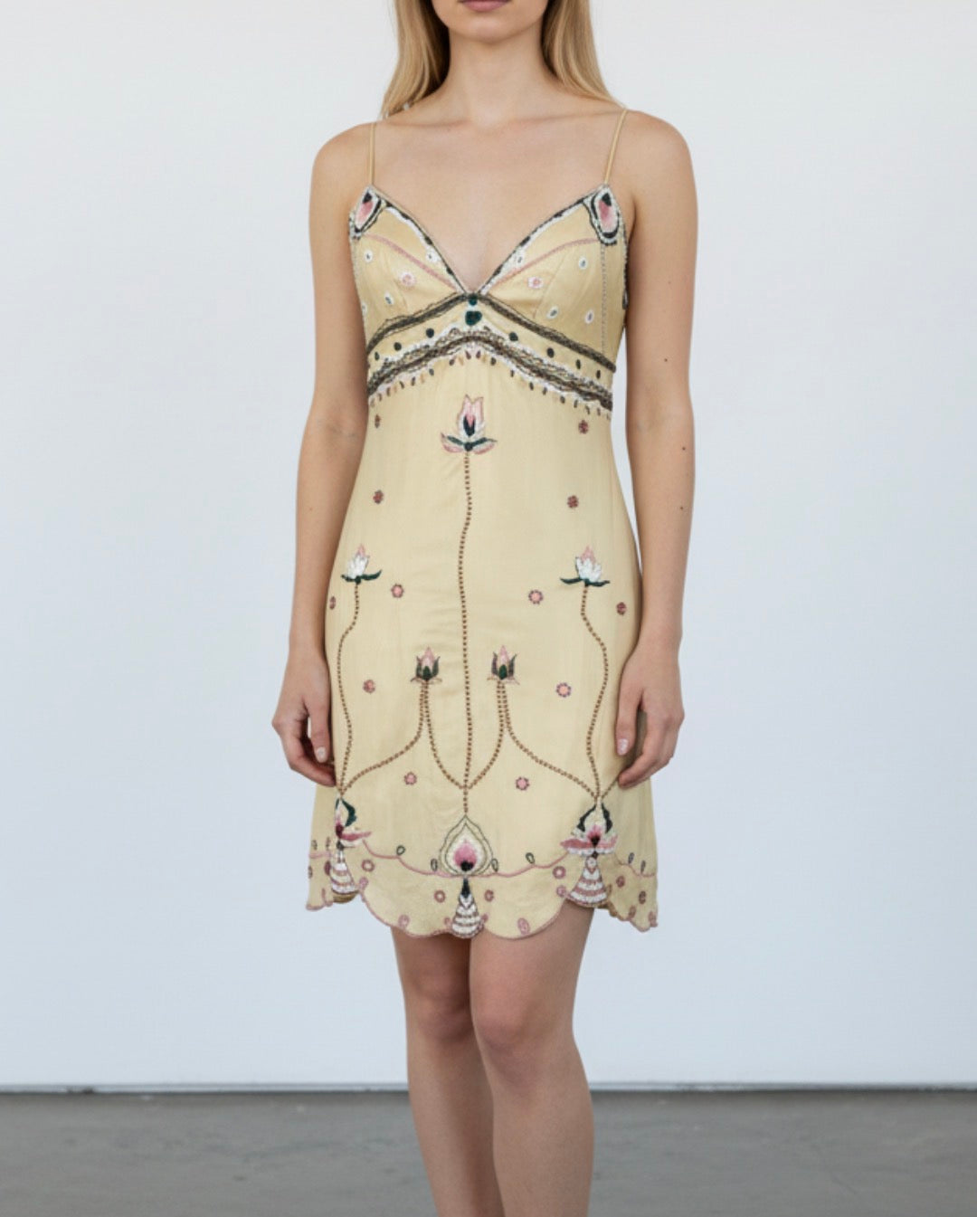 Deadstock Mandalay Butter Yellow Silk Chiffon Beaded Mini Dress with Pink Embroidery – Size 6